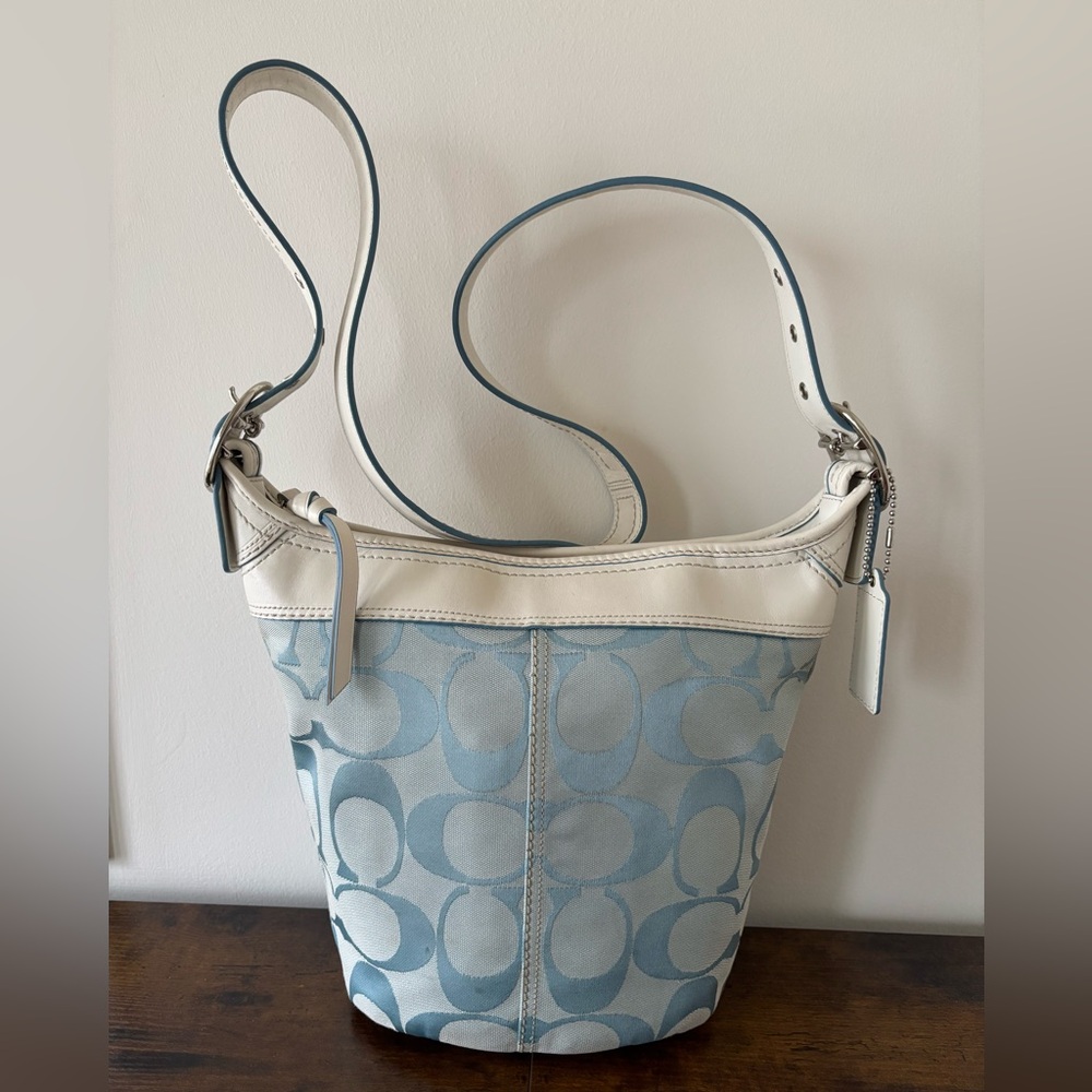 Coach Signature C Blue Canvas Leather Trim Bucket Duffle Crossbody Shoulder Bag